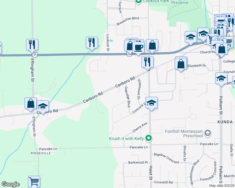map of restaurants, bars, coffee shops, grocery stores, and more near 190 Canboro Road in Pelham