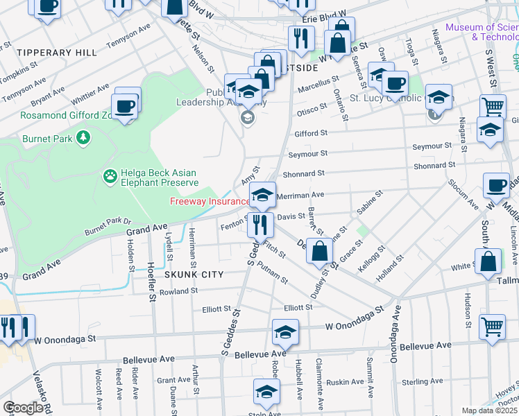 map of restaurants, bars, coffee shops, grocery stores, and more near 808 S Geddes St in Syracuse