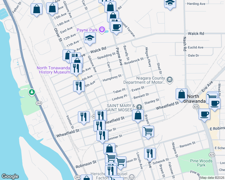 map of restaurants, bars, coffee shops, grocery stores, and more near 192 Taber Place in North Tonawanda