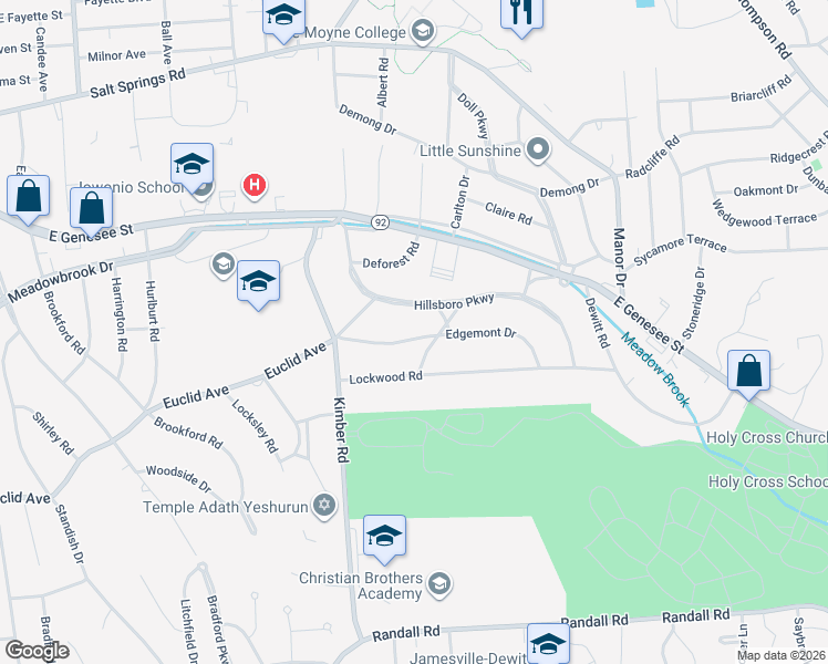 map of restaurants, bars, coffee shops, grocery stores, and more near 121 Edgemont Drive in Syracuse