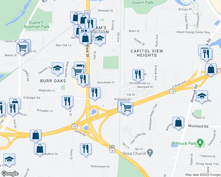 map of restaurants, bars, coffee shops, grocery stores, and more near 2301 Badger Parkway in Madison