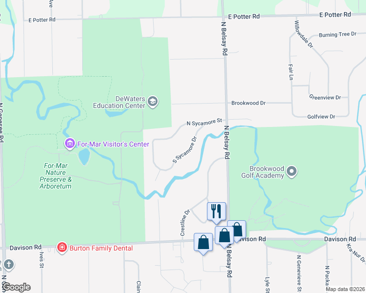 map of restaurants, bars, coffee shops, grocery stores, and more near 5401 South Sycamore Drive in Burton