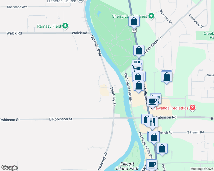 map of restaurants, bars, coffee shops, grocery stores, and more near 1852 Sweeney Street in North Tonawanda
