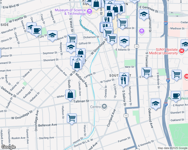map of restaurants, bars, coffee shops, grocery stores, and more near 345 Temple Street in Syracuse