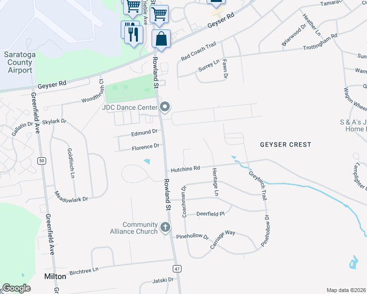 map of restaurants, bars, coffee shops, grocery stores, and more near 13 Lancaster Place in Ballston Spa
