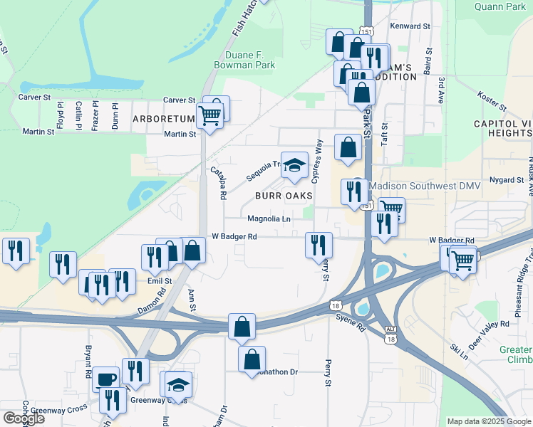 map of restaurants, bars, coffee shops, grocery stores, and more near 1002 Magnolia Lane in Madison