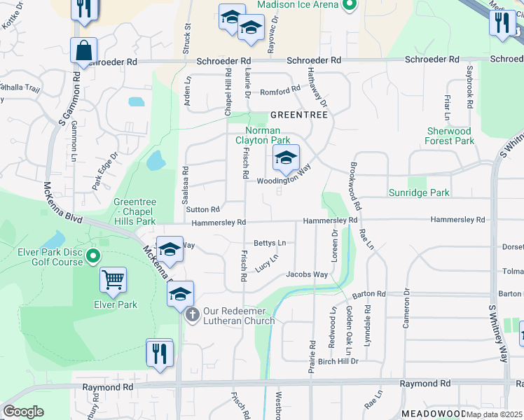 map of restaurants, bars, coffee shops, grocery stores, and more near 6402 Hammersley Road in Madison