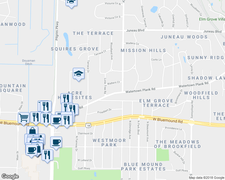 map of restaurants, bars, coffee shops, grocery stores, and more near 14900 Watertown Plank Road in Elm Grove