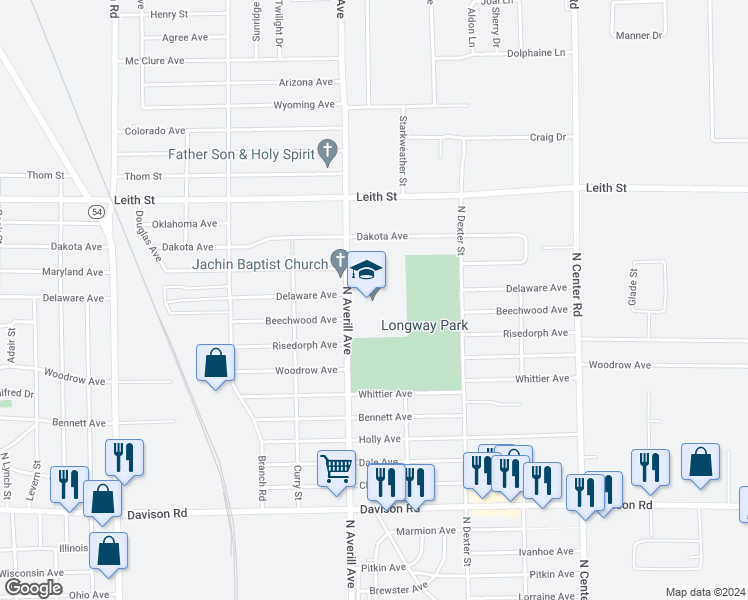 map of restaurants, bars, coffee shops, grocery stores, and more near 2500 North Averill Avenue in Flint