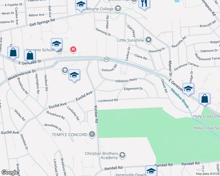 map of restaurants, bars, coffee shops, grocery stores, and more near 109 Edgemont Drive in Syracuse