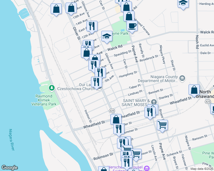 map of restaurants, bars, coffee shops, grocery stores, and more near 118 Center Avenue in North Tonawanda