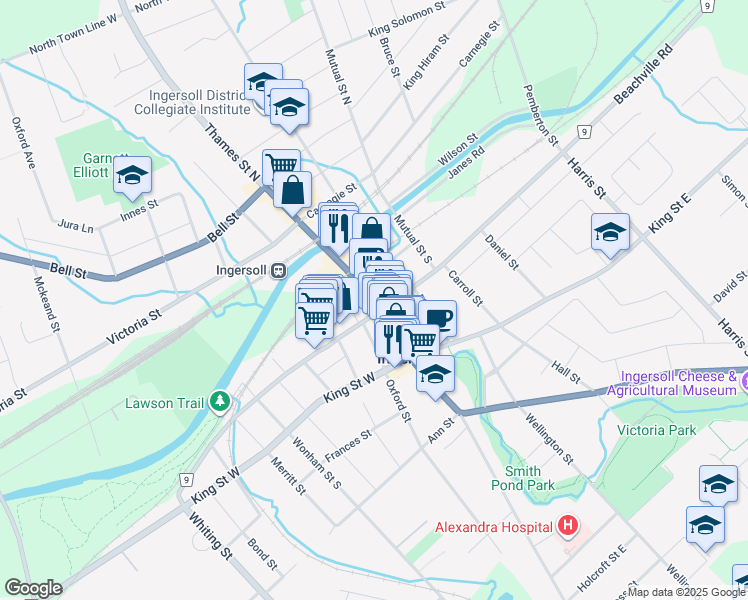 map of restaurants, bars, coffee shops, grocery stores, and more near in Ingersoll
