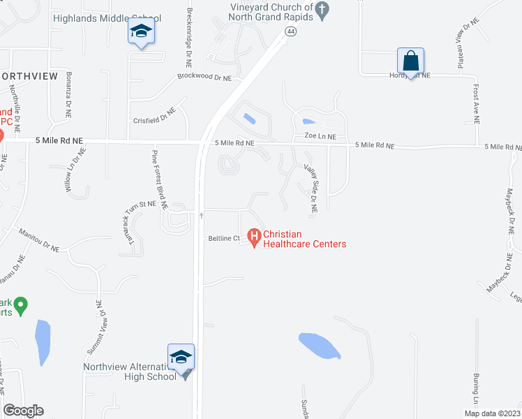 map of restaurants, bars, coffee shops, grocery stores, and more near 3320 Clear Vista Court Northeast in Grand Rapids