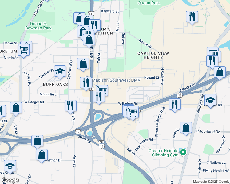 map of restaurants, bars, coffee shops, grocery stores, and more near 620 West Badger Road in Madison
