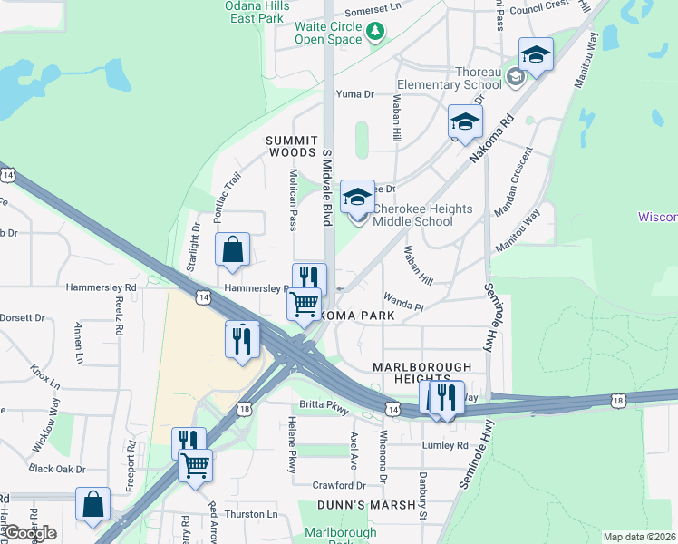 map of restaurants, bars, coffee shops, grocery stores, and more near 1209 South Midvale Boulevard in Madison