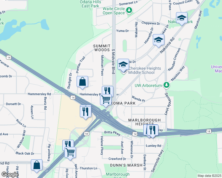 map of restaurants, bars, coffee shops, grocery stores, and more near 1209 South Midvale Boulevard in Madison