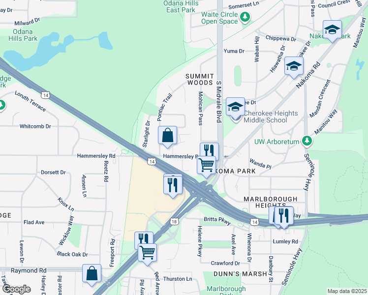 map of restaurants, bars, coffee shops, grocery stores, and more near 10 Heritage Circle in Madison