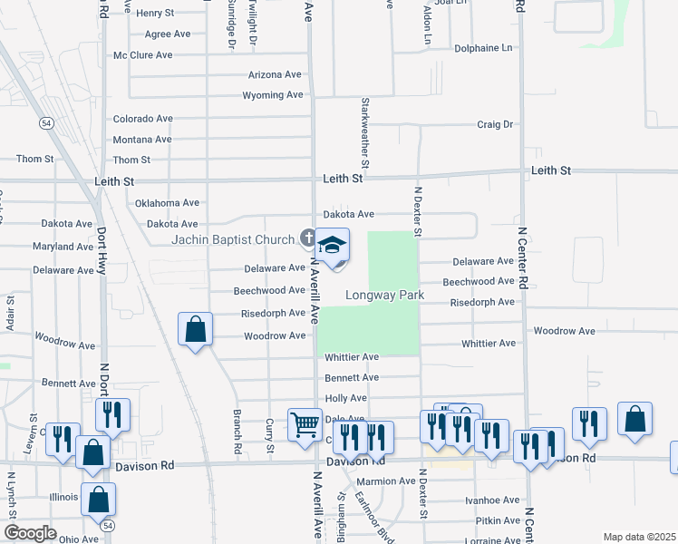 map of restaurants, bars, coffee shops, grocery stores, and more near 2500 North Averill Avenue in Flint