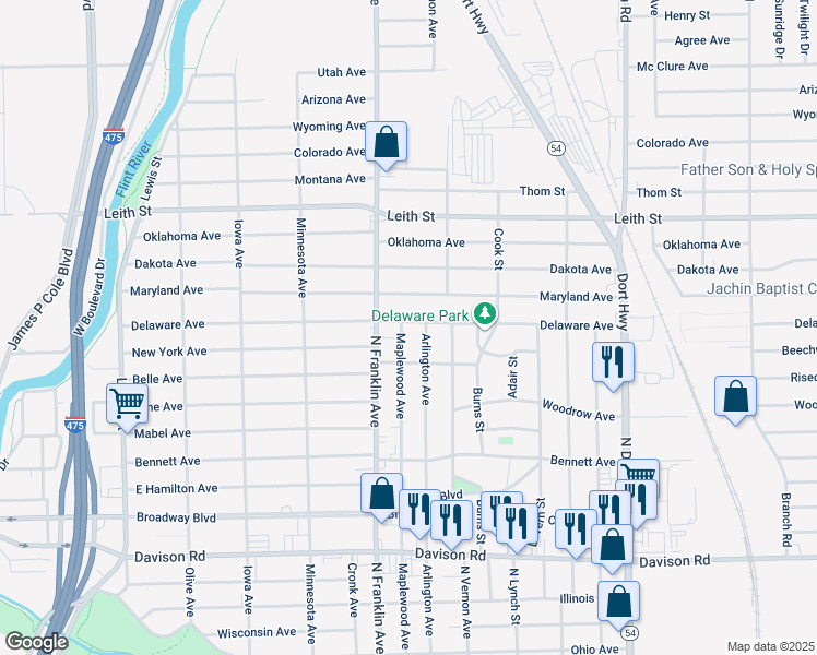 map of restaurants, bars, coffee shops, grocery stores, and more near 2612 Maplewood Avenue in Flint
