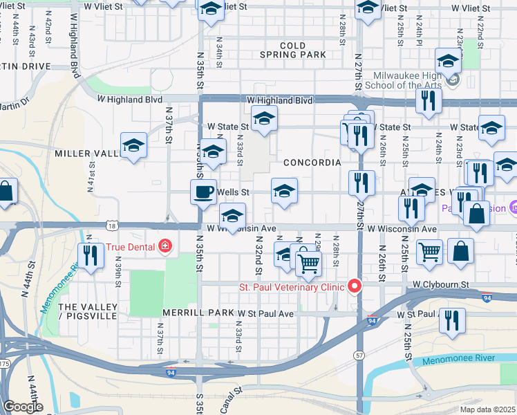 map of restaurants, bars, coffee shops, grocery stores, and more near 734 North 32nd Street in Milwaukee