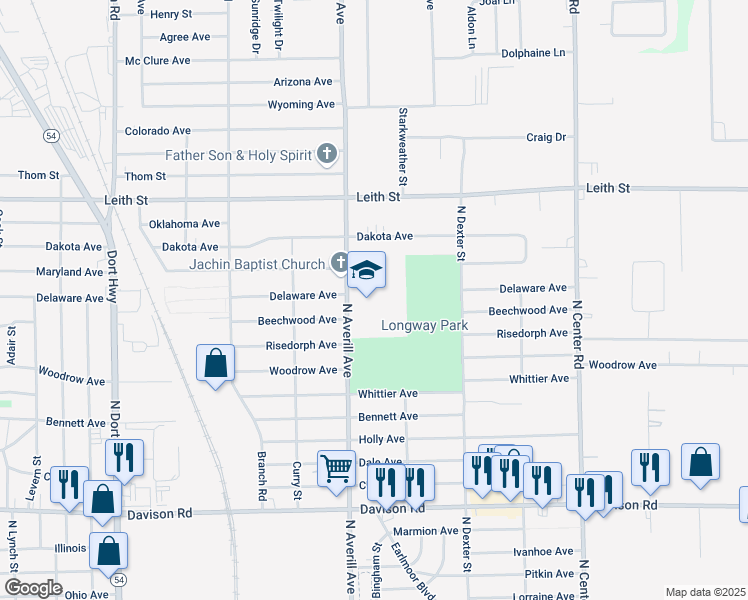 map of restaurants, bars, coffee shops, grocery stores, and more near 2490 North Averill Avenue in Flint