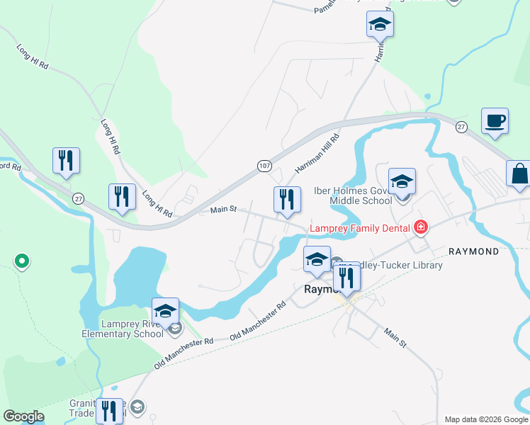 map of restaurants, bars, coffee shops, grocery stores, and more near 16 Main Street in Raymond