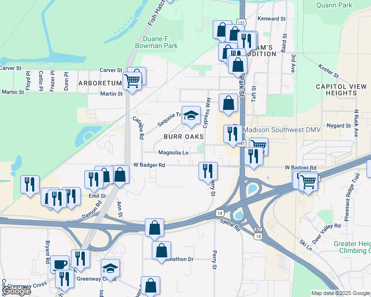 map of restaurants, bars, coffee shops, grocery stores, and more near 922 Magnolia Lane in Madison
