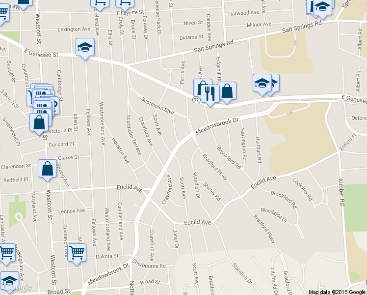 map of restaurants, bars, coffee shops, grocery stores, and more near 1324 Meadowbrook Dr in Syracuse