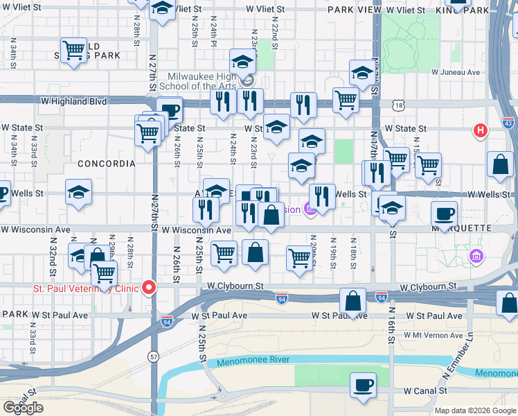 map of restaurants, bars, coffee shops, grocery stores, and more near 747 North 23rd Street in Milwaukee