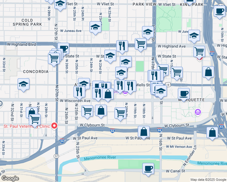 map of restaurants, bars, coffee shops, grocery stores, and more near 737 North 21st Street in Milwaukee