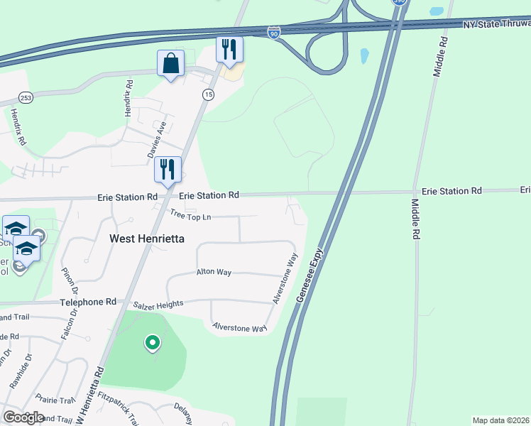 map of restaurants, bars, coffee shops, grocery stores, and more near 98 Tree Top Lane in West Henrietta