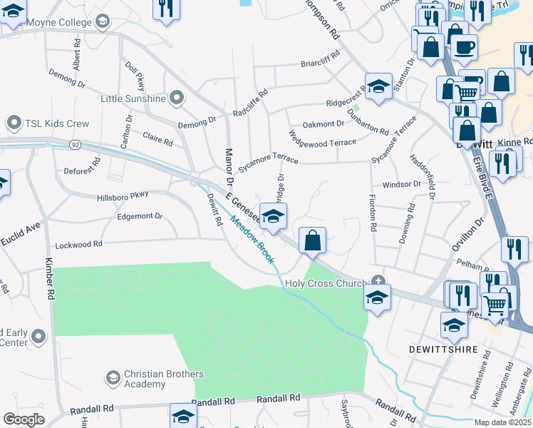 map of restaurants, bars, coffee shops, grocery stores, and more near 101 Stoneridge Dr in Syracuse