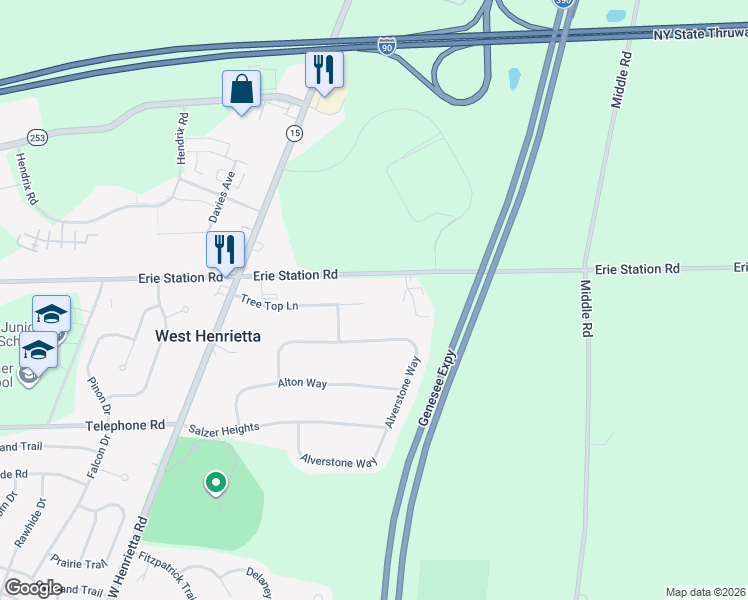 map of restaurants, bars, coffee shops, grocery stores, and more near 98 Tree Top Lane in West Henrietta