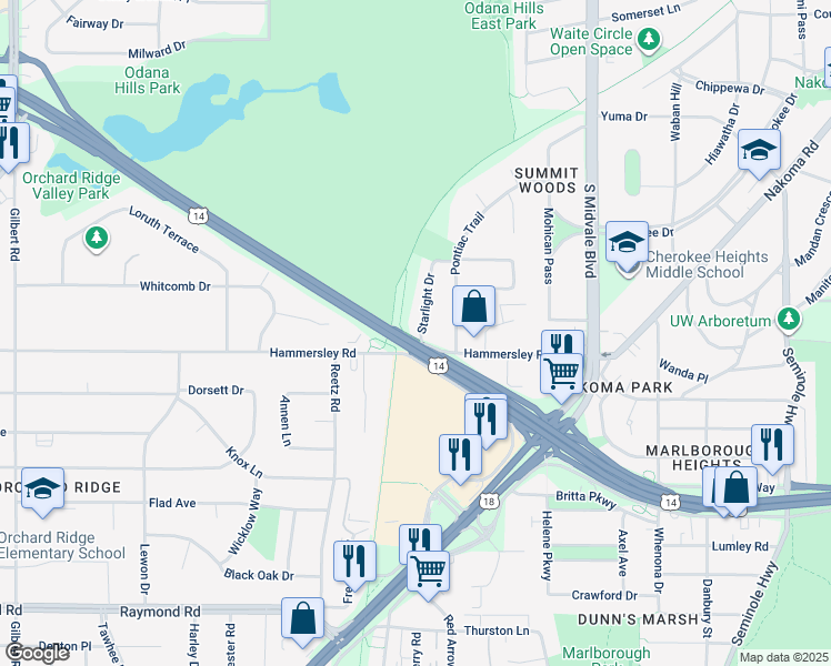 map of restaurants, bars, coffee shops, grocery stores, and more near 4718 Hammersley Road in Madison