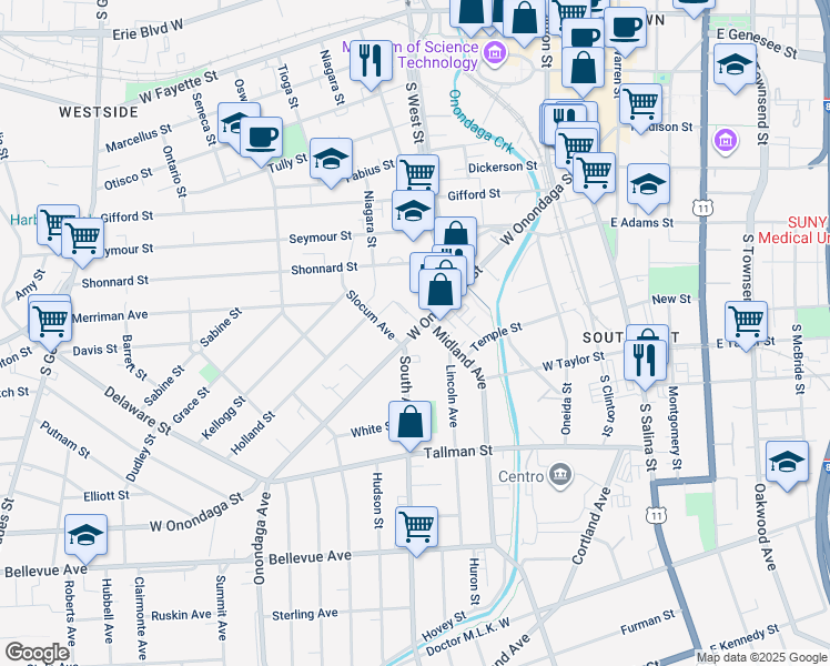 map of restaurants, bars, coffee shops, grocery stores, and more near 515 West Onondaga Street in Syracuse