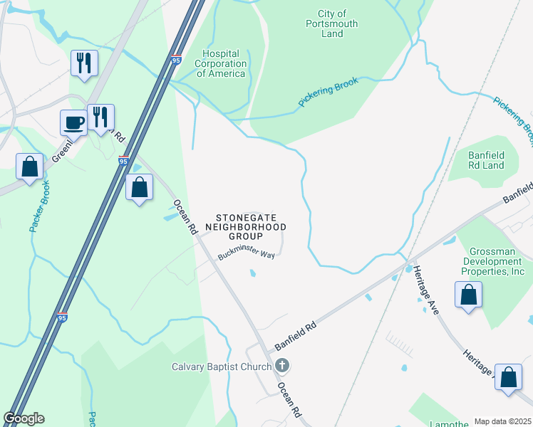 map of restaurants, bars, coffee shops, grocery stores, and more near 188 Buckminster Way in Portsmouth