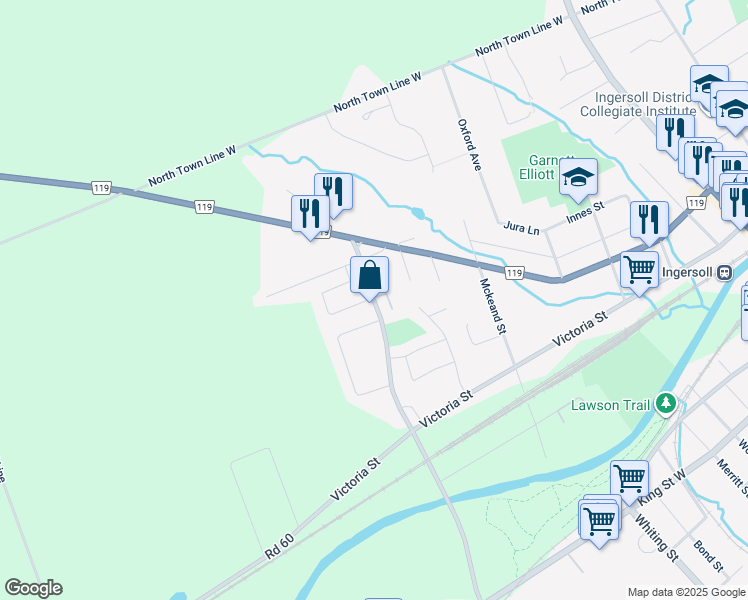 map of restaurants, bars, coffee shops, grocery stores, and more near 300 Ingersoll Street North in Ingersoll