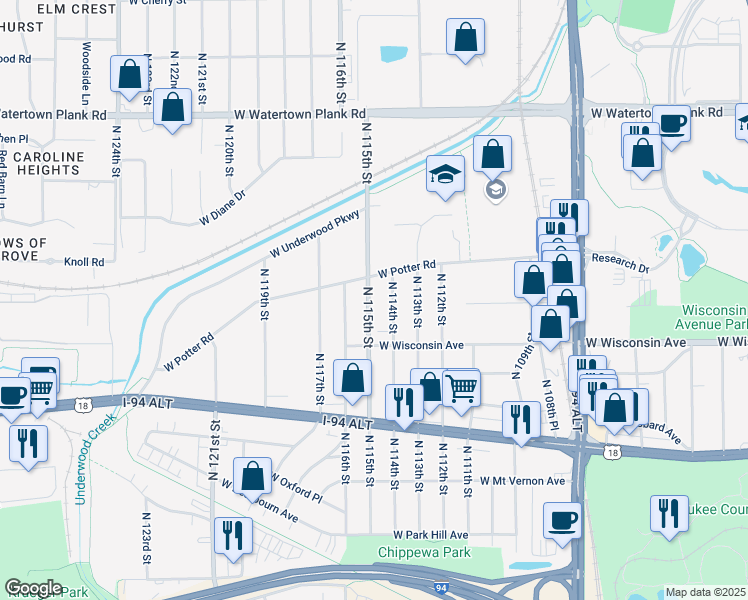 map of restaurants, bars, coffee shops, grocery stores, and more near 802 North 115th Street in Wauwatosa