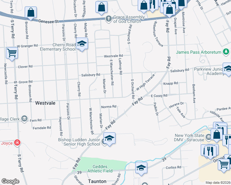 map of restaurants, bars, coffee shops, grocery stores, and more near 320 West High Terrace in Syracuse