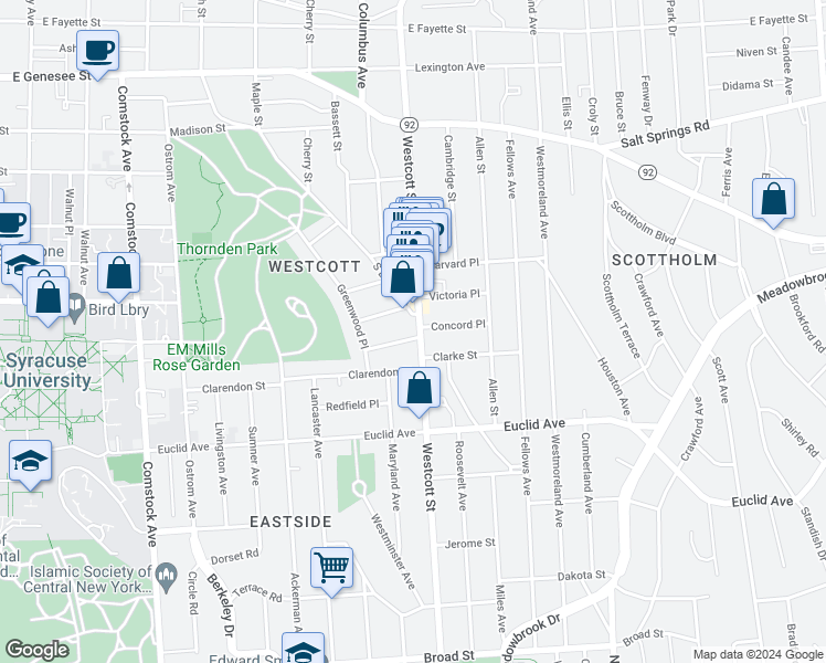 map of restaurants, bars, coffee shops, grocery stores, and more near 145 Avondale Place in Syracuse