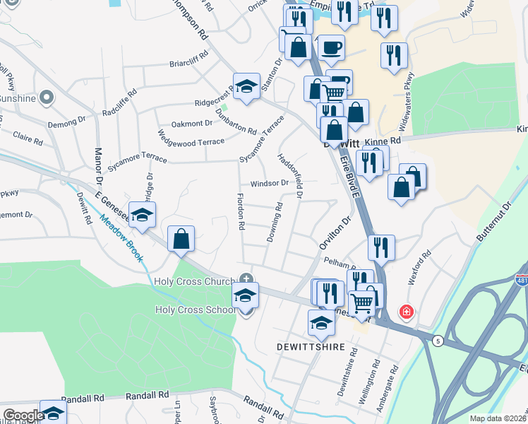 map of restaurants, bars, coffee shops, grocery stores, and more near 405 Brampton Drive in Syracuse