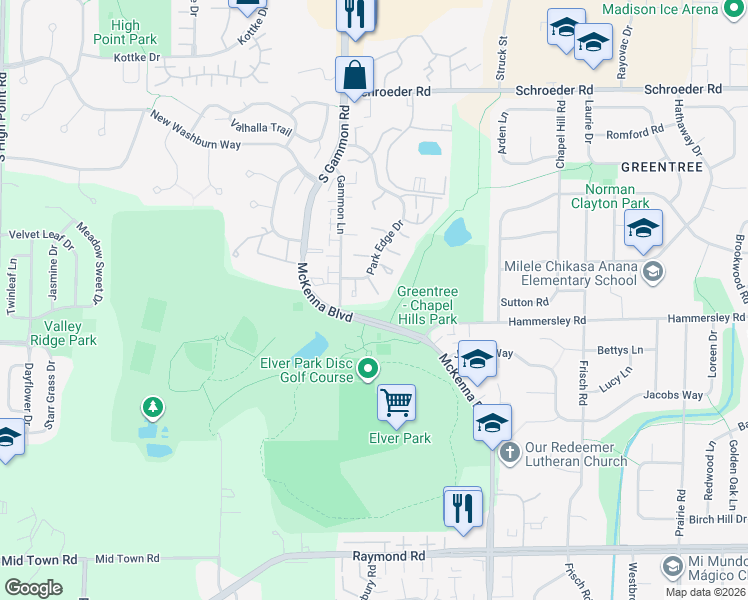 map of restaurants, bars, coffee shops, grocery stores, and more near 12 Georgetown Court in Madison