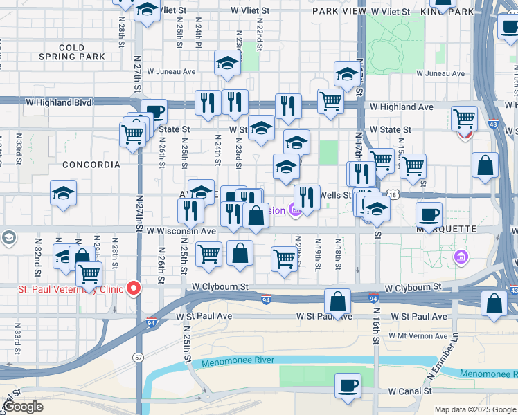 map of restaurants, bars, coffee shops, grocery stores, and more near 742 North 22nd Street in Milwaukee
