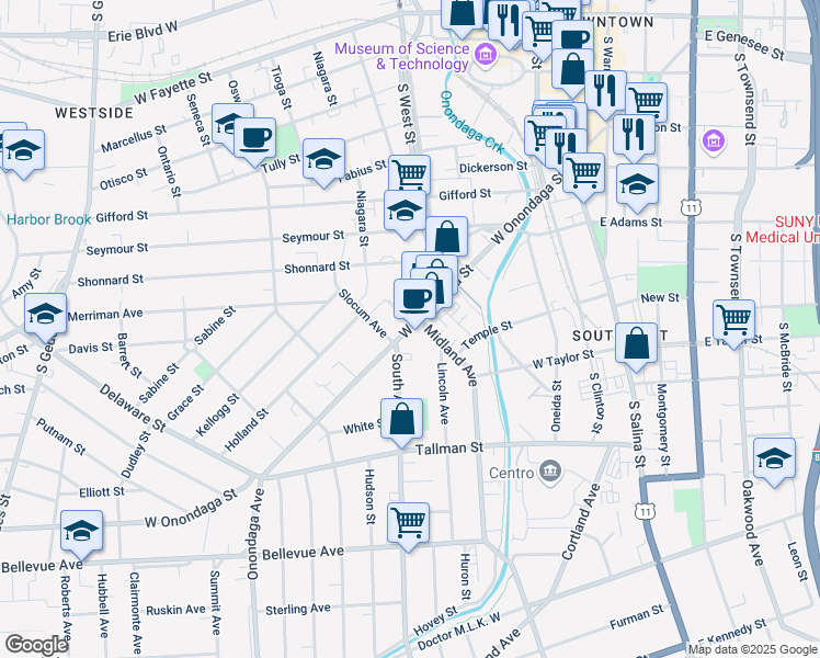 map of restaurants, bars, coffee shops, grocery stores, and more near 515 West Onondaga Street in Syracuse