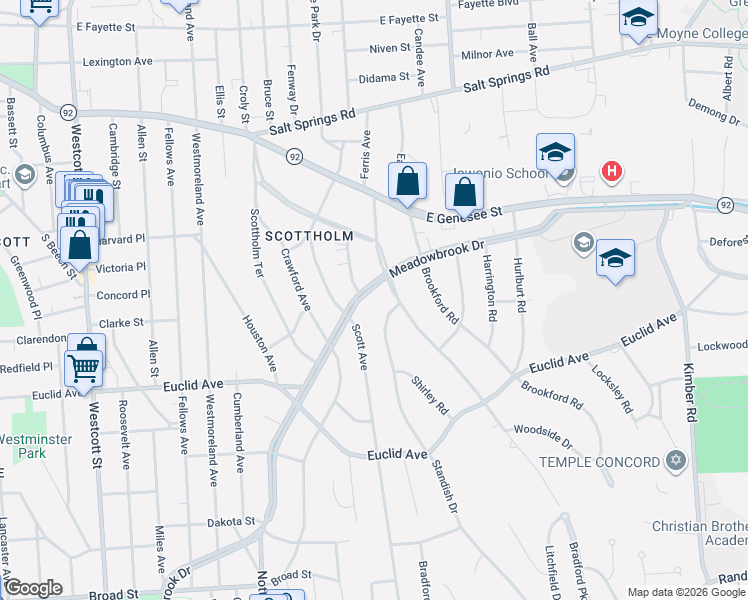 map of restaurants, bars, coffee shops, grocery stores, and more near 1324 Meadowbrook Drive in Syracuse