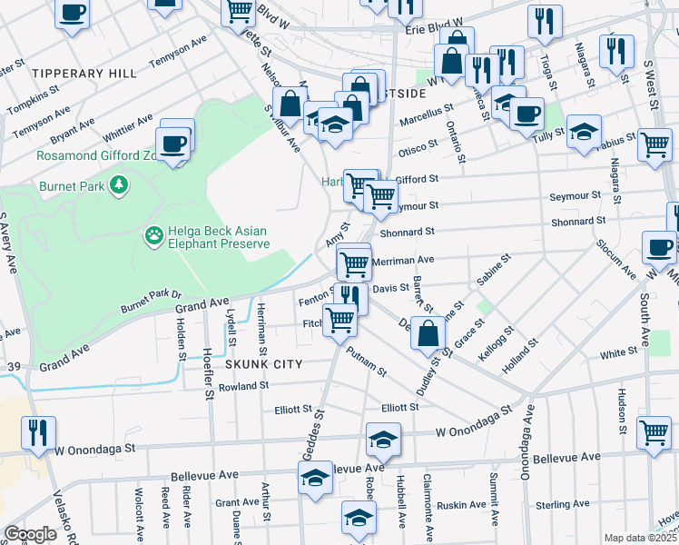 map of restaurants, bars, coffee shops, grocery stores, and more near 808 South Geddes Street in Syracuse
