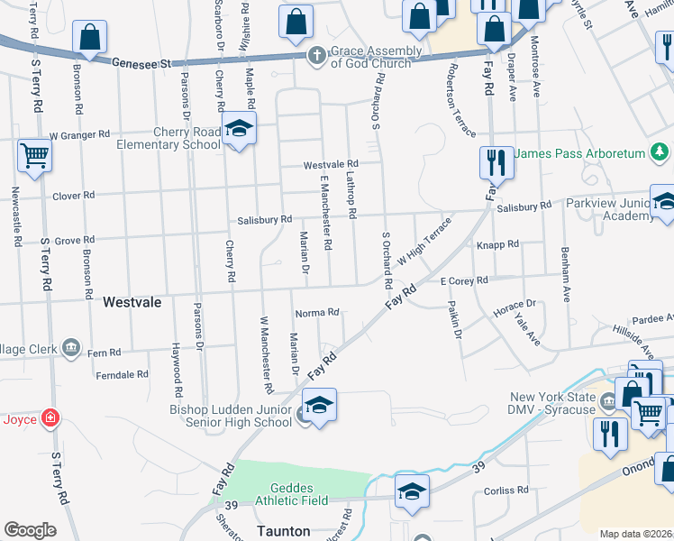 map of restaurants, bars, coffee shops, grocery stores, and more near 320 West High Terrace in Syracuse