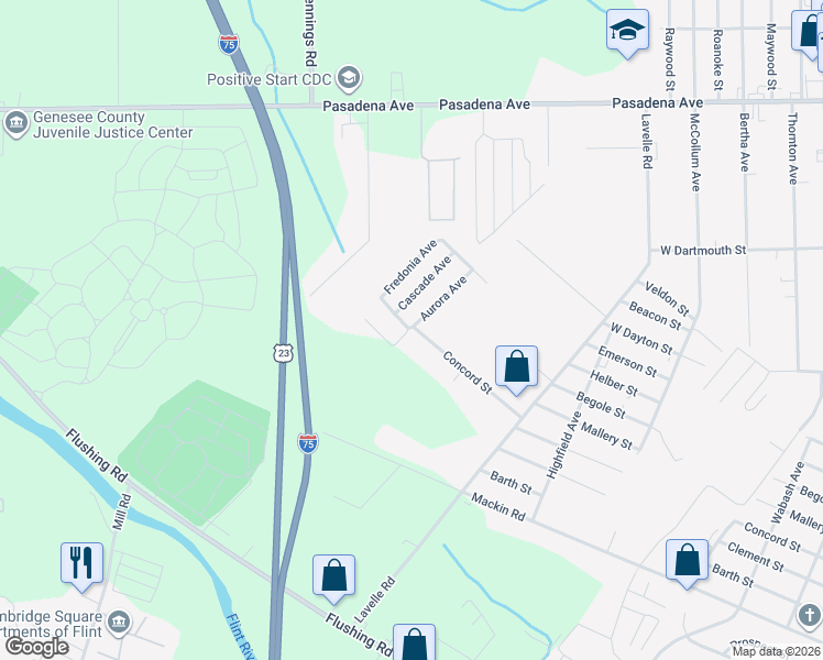 map of restaurants, bars, coffee shops, grocery stores, and more near 1612 Aurora Avenue in Flint