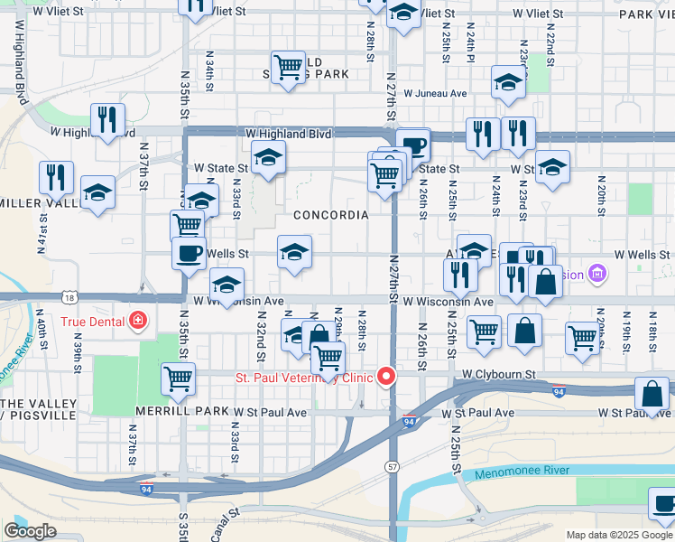 map of restaurants, bars, coffee shops, grocery stores, and more near 2904 West Wisconsin Avenue in Milwaukee