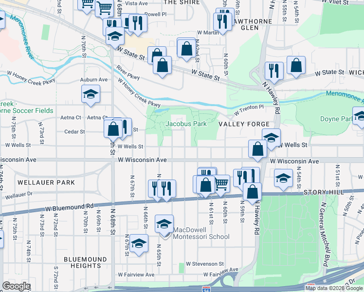 map of restaurants, bars, coffee shops, grocery stores, and more near 6313 West Wells Street in Wauwatosa